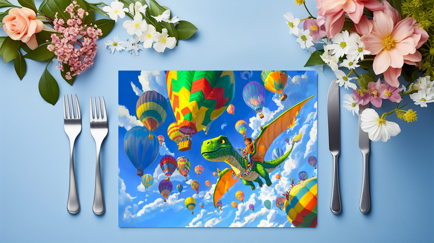raxxa Premium-Tischset: Anime boy flying dinosaur dragon and balloons – Bild 3