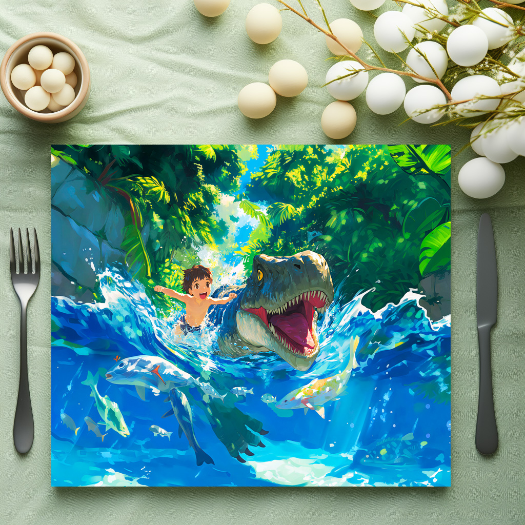 raxxa Premium-Tischset: Anime boy swimming with dinosaur in sea - immagine 3