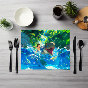 raxxa Premium-Tischset: Anime boy swimming with dinosaur in sea