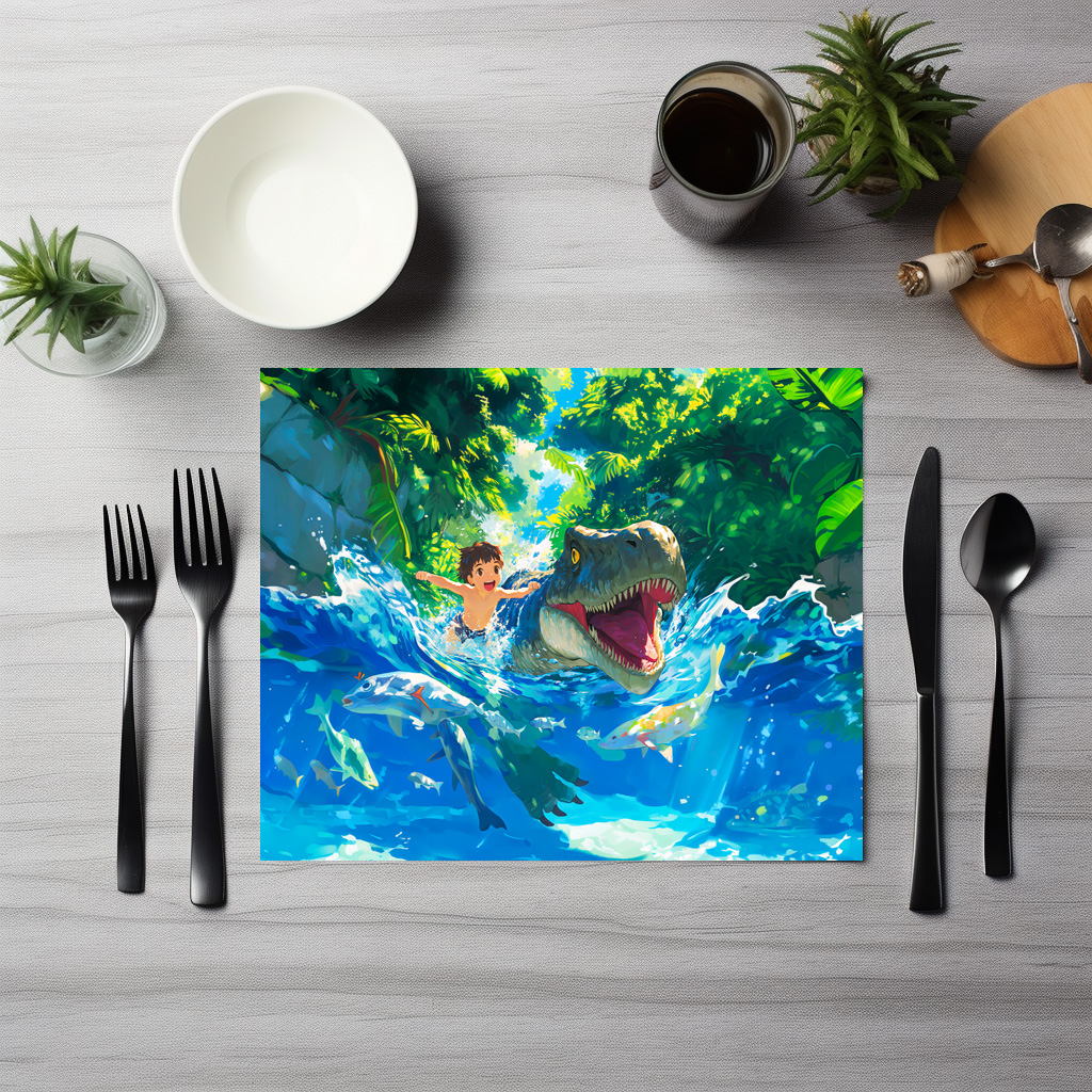 raxxa Premium-Tischset: Anime boy swimming with dinosaur in sea