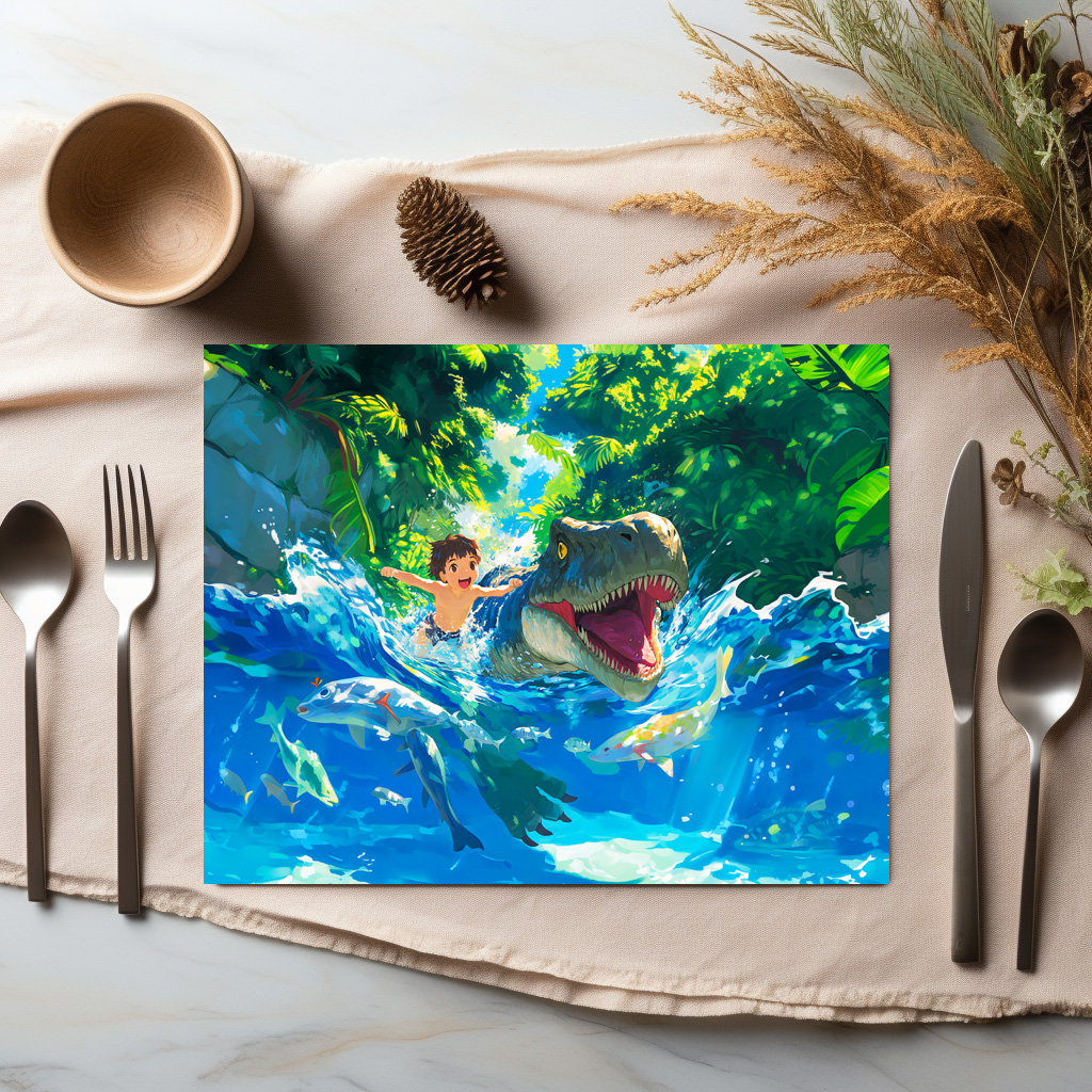 raxxa Premium-Tischset: Anime boy swimming with dinosaur in sea - immagine 2