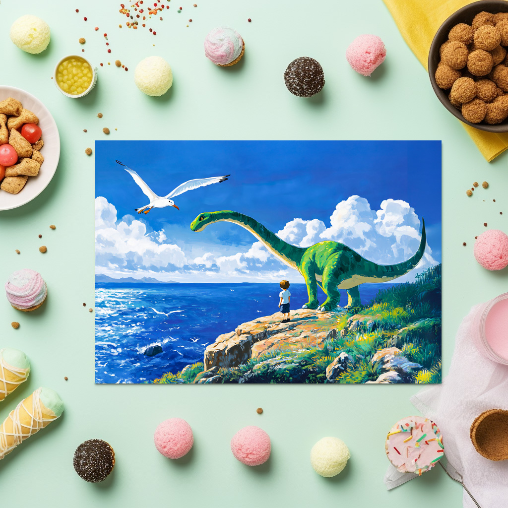 raxxa Premium-Tischset: Anime boy and Brachiosaurus overlooking sea – Bild 3