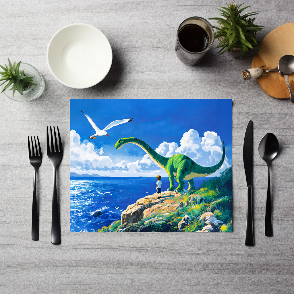 raxxa Premium-Tischset: Anime boy and Brachiosaurus overlooking sea