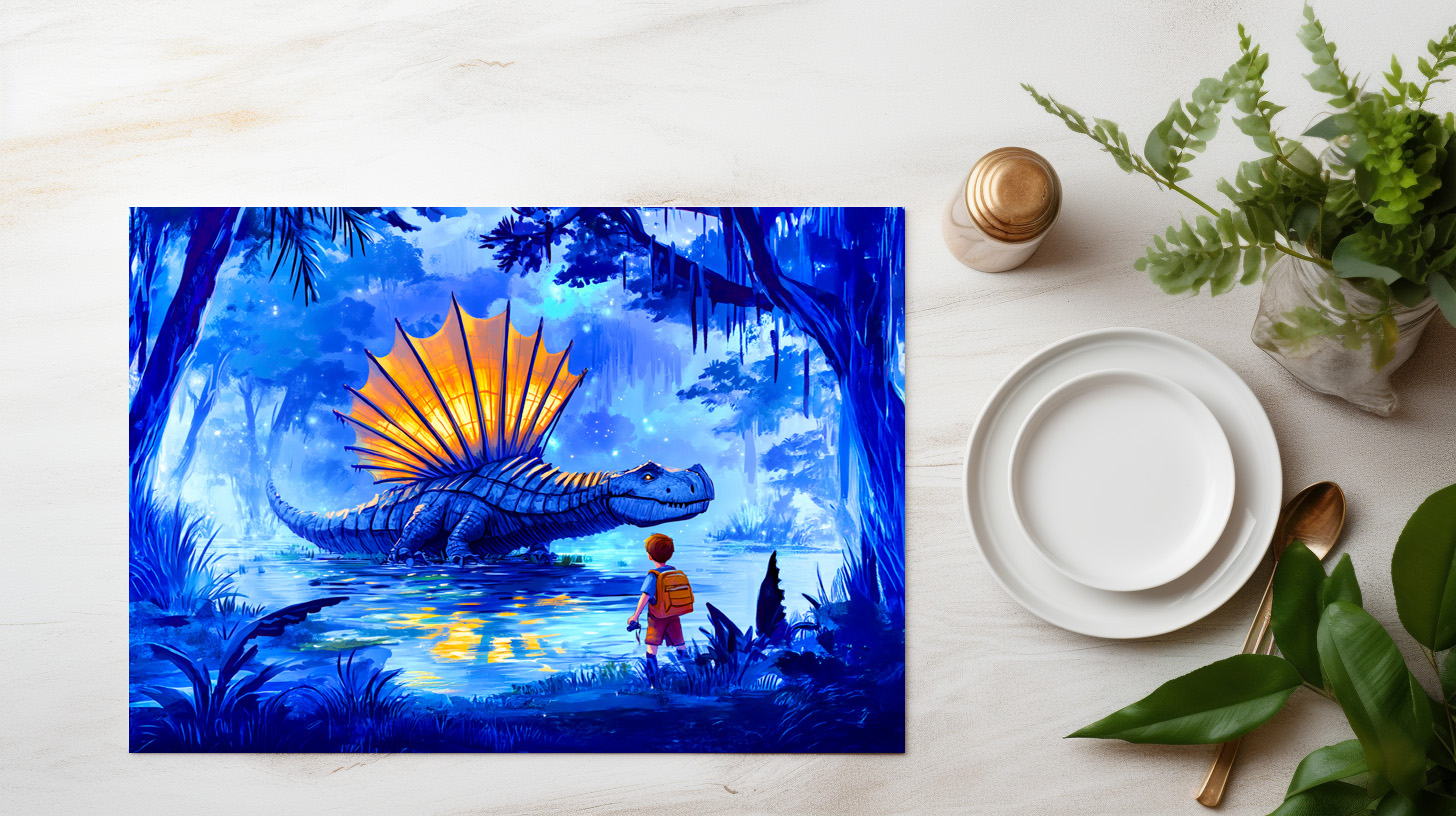 raxxa Premium-Tischset: Anime boy photographing swamp dinosaur – Image 3
