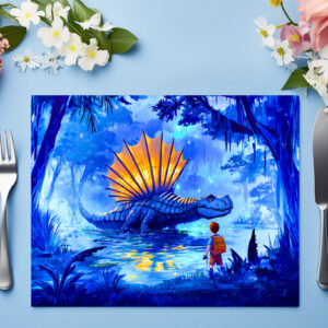 raxxa Premium-Tischset: Anime boy photographing swamp dinosaur