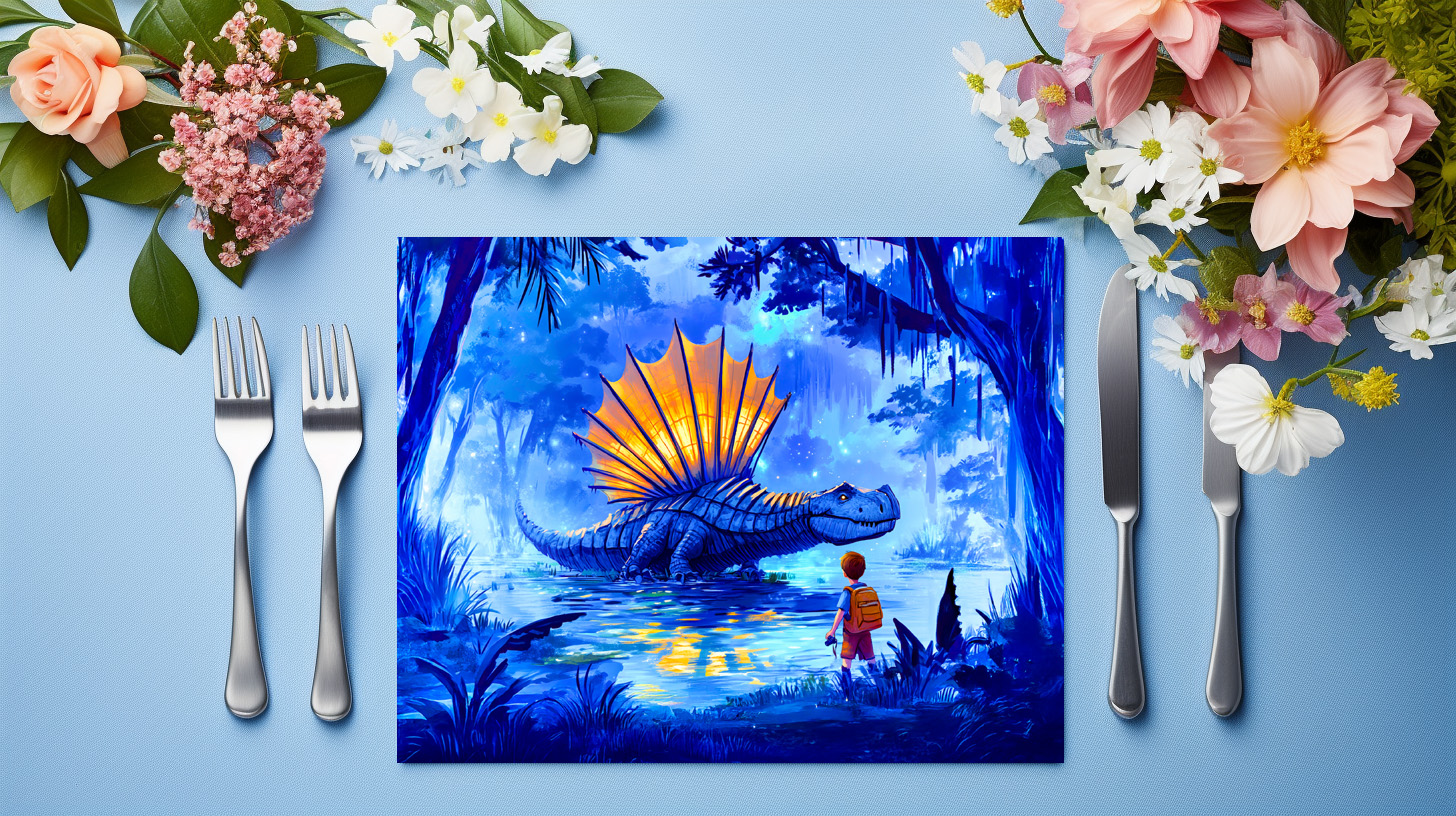 raxxa Premium-Tischset: Anime boy photographing swamp dinosaur