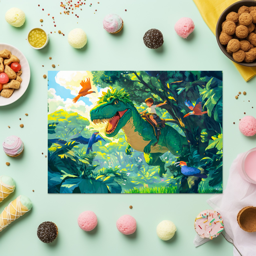 raxxa Premium-Tischset: Anime boy riding T-Rex in jungle and birds – Bild 3