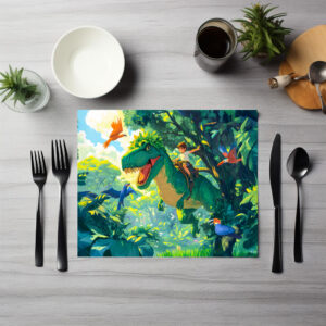 raxxa Premium-Tischset: Anime boy riding T-Rex in jungle and birds