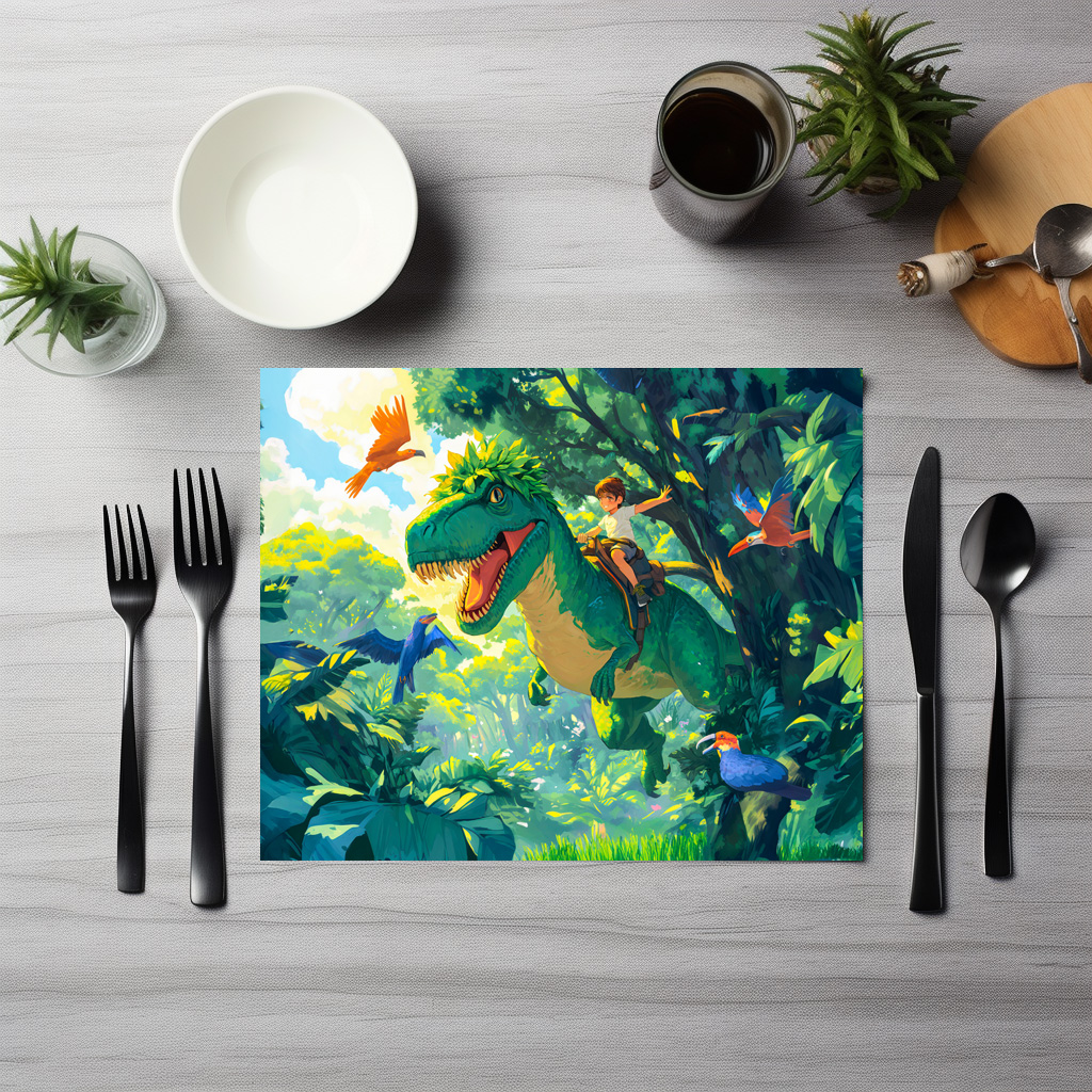raxxa Premium-Tischset: Anime boy riding T-Rex in jungle and birds