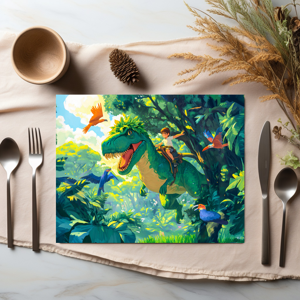 raxxa Premium-Tischset: Anime boy riding T-Rex in jungle and birds – Bild 2