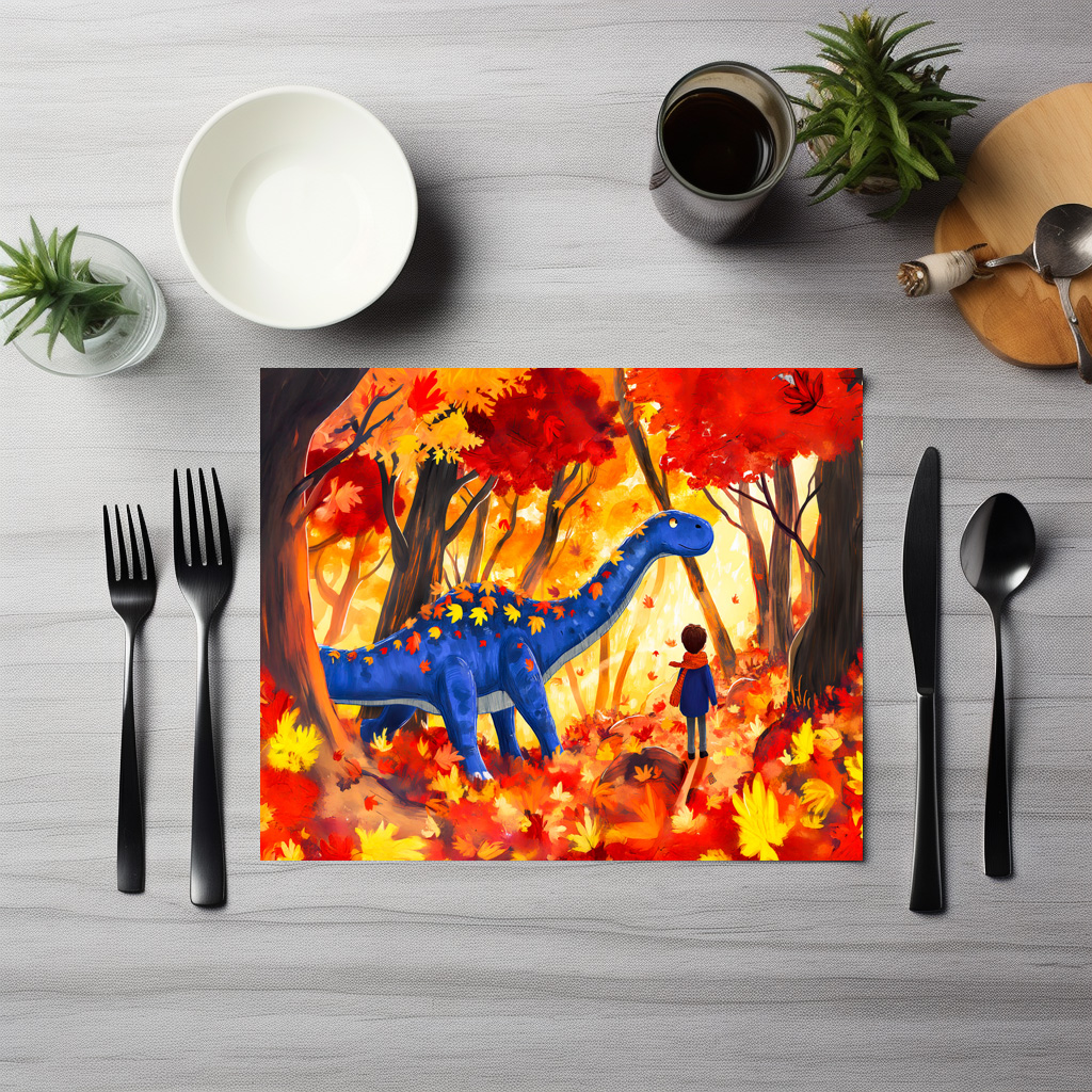 raxxa Premium-Tischset: Anime boy walking dinosaur autumn forest