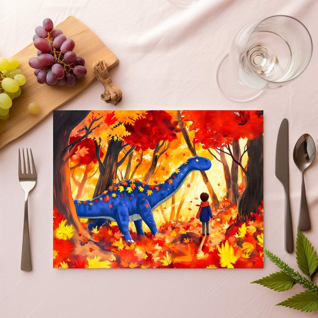 raxxa Premium-Tischset: Anime boy walking dinosaur autumn forest - immagine 2