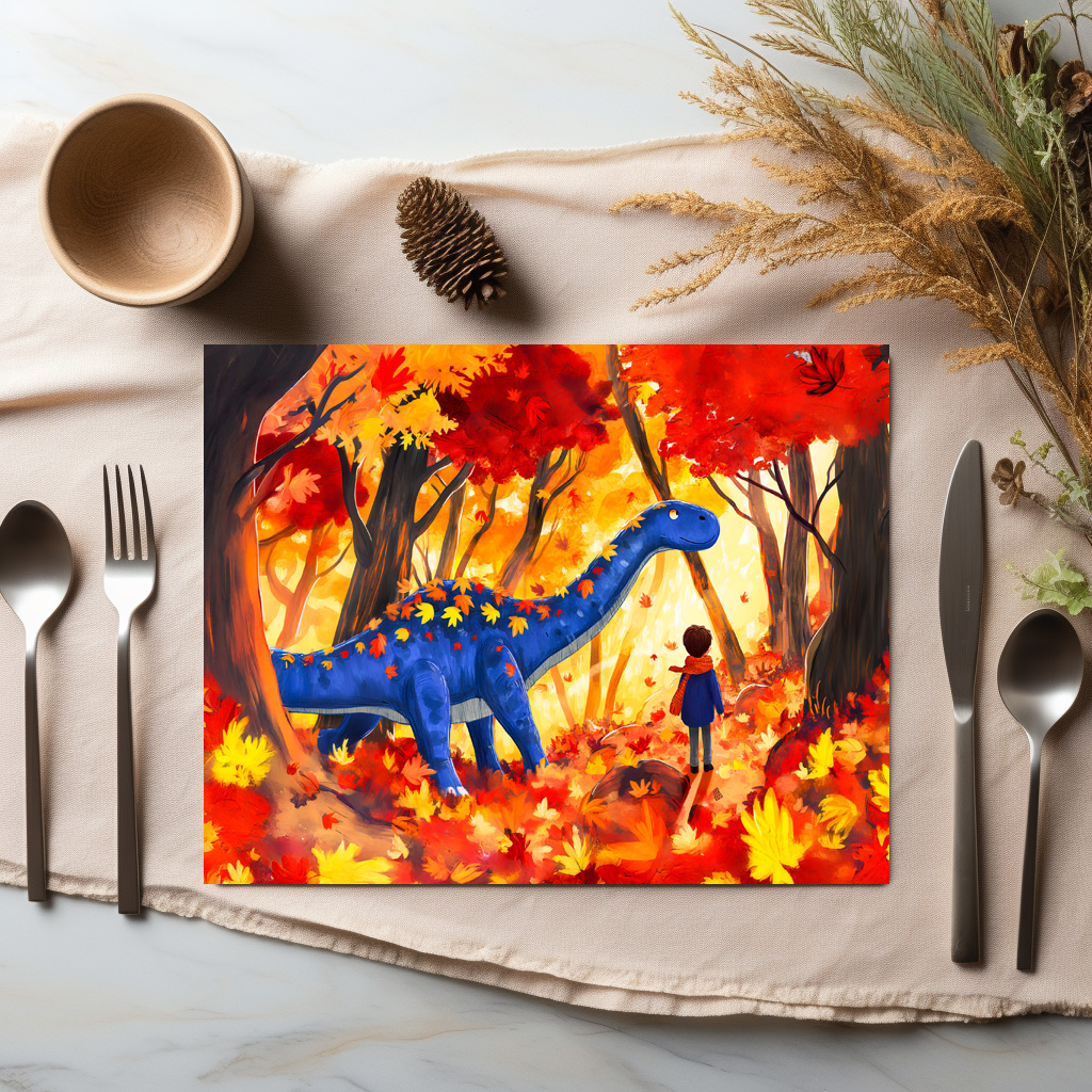 raxxa Premium-Tischset: Anime boy walking dinosaur autumn forest - immagine 3