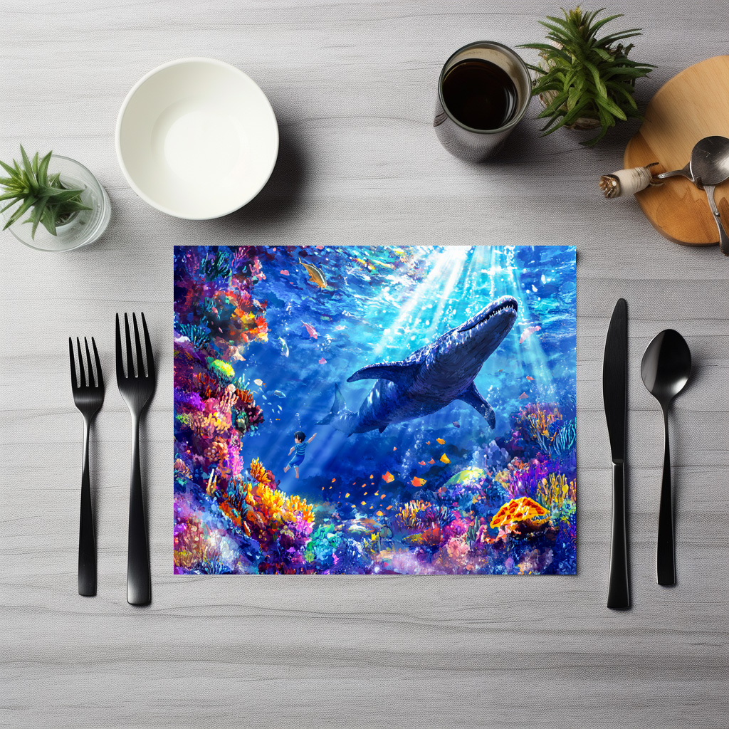 raxxa Premium-Tischset: Anime boy swimming with Liopleurodon reef