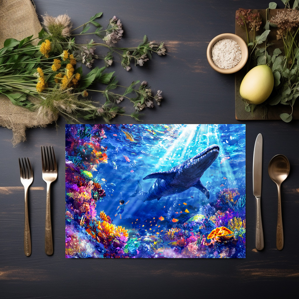 raxxa Premium-Tischset: Anime boy swimming with Liopleurodon reef - Image 2