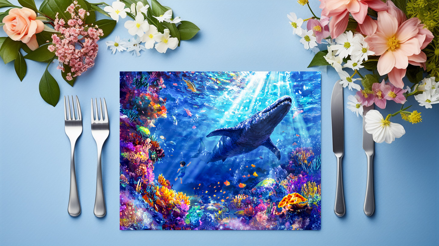 raxxa Premium-Tischset: Anime boy swimming with Liopleurodon reef - Image 3