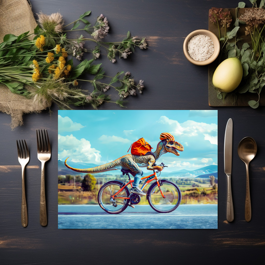 raxxa Premium-Tischset: Dinosaur Cycling Through Countryside