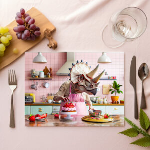 raxxa Premium-Tischset: Dinosaur Baking Cake in Retro Kitchen