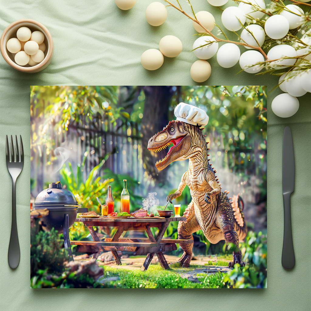 raxxa Premium-Tischset: Dinosaur Chef at a Garden BBQ