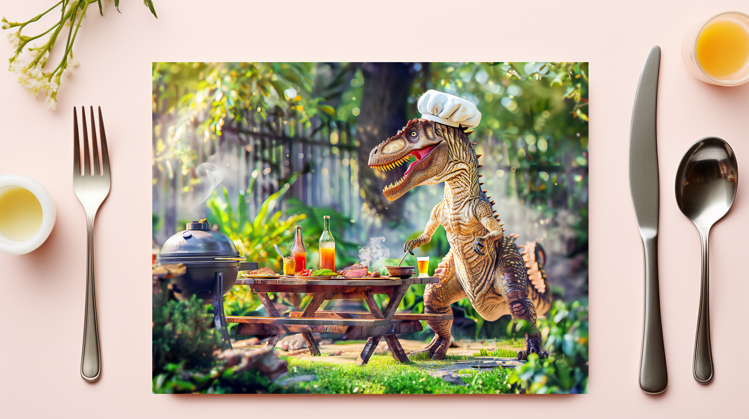 raxxa Premium-Tischset: Dinosaur Chef at a Garden BBQ - Imagen 2