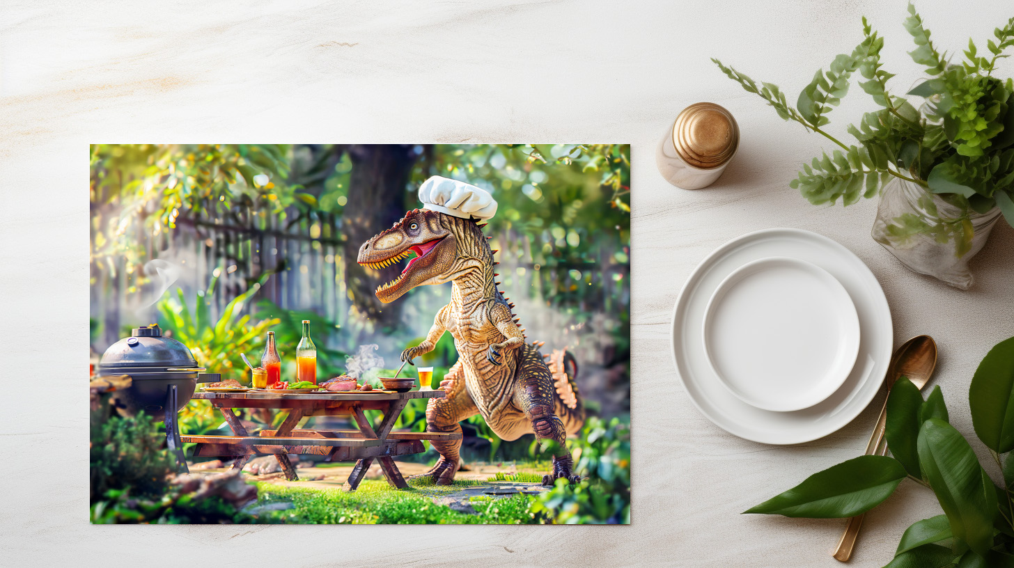 raxxa Premium-Tischset: Dinosaur Chef at a Garden BBQ - Imagen 3