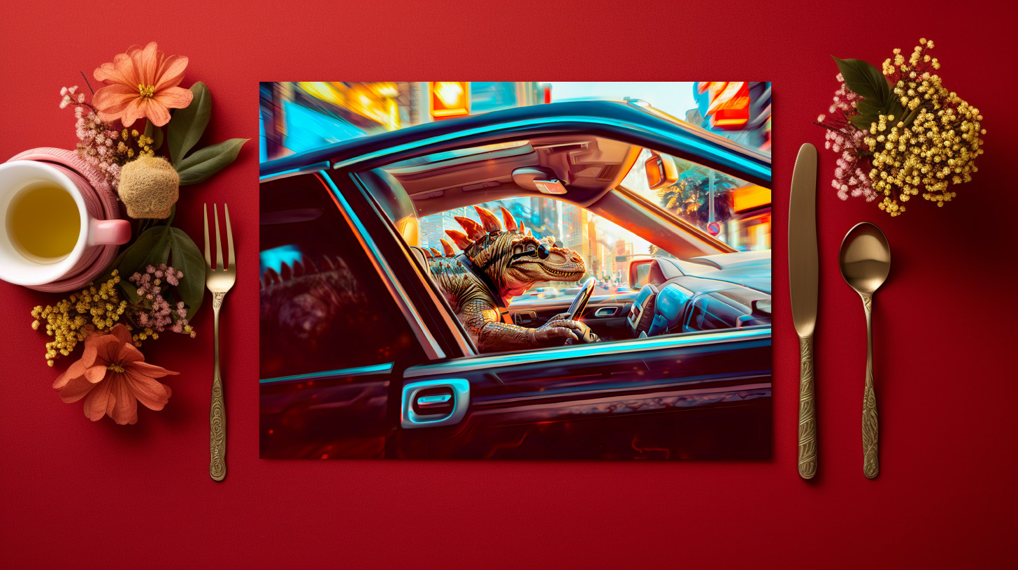 raxxa Premium-Tischset: Urban Dino Driving Through Neon City – Image 2