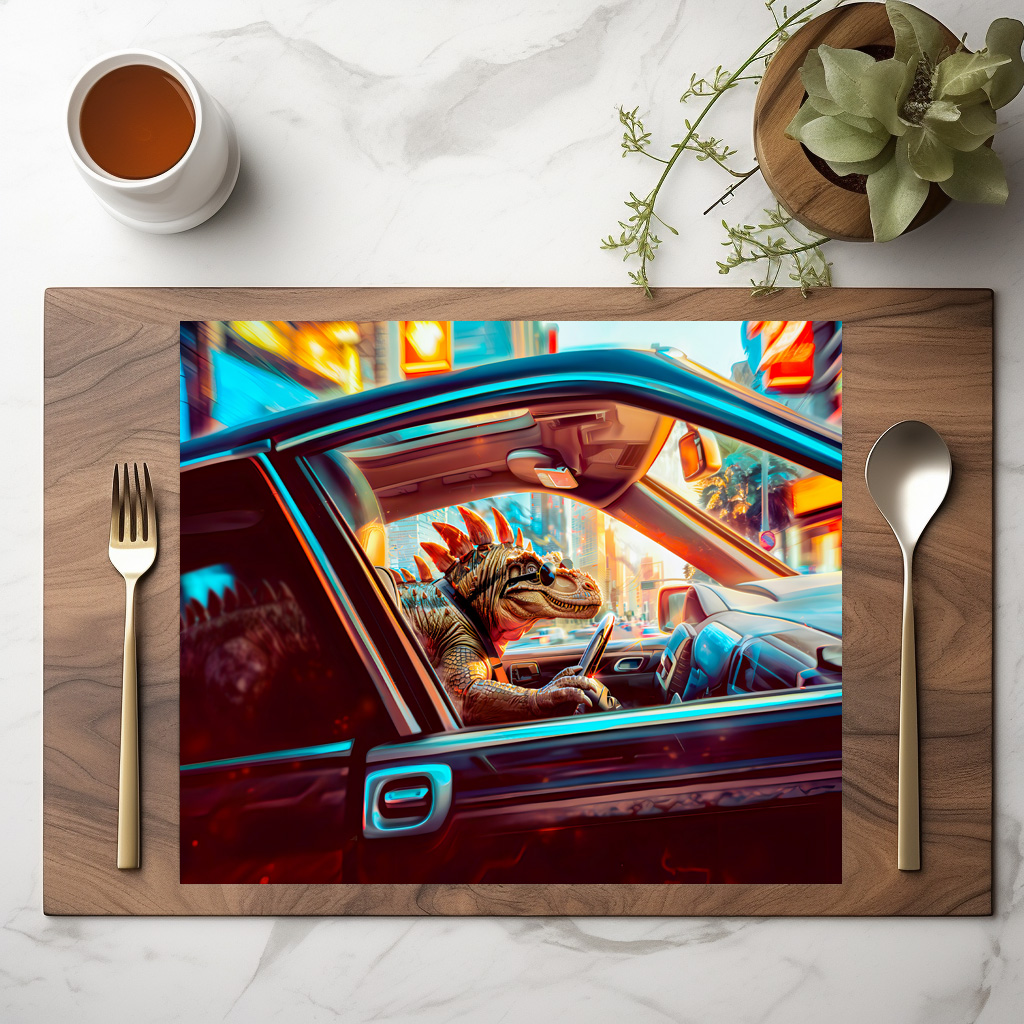 raxxa Premium-Tischset: Urban Dino Driving Through Neon City