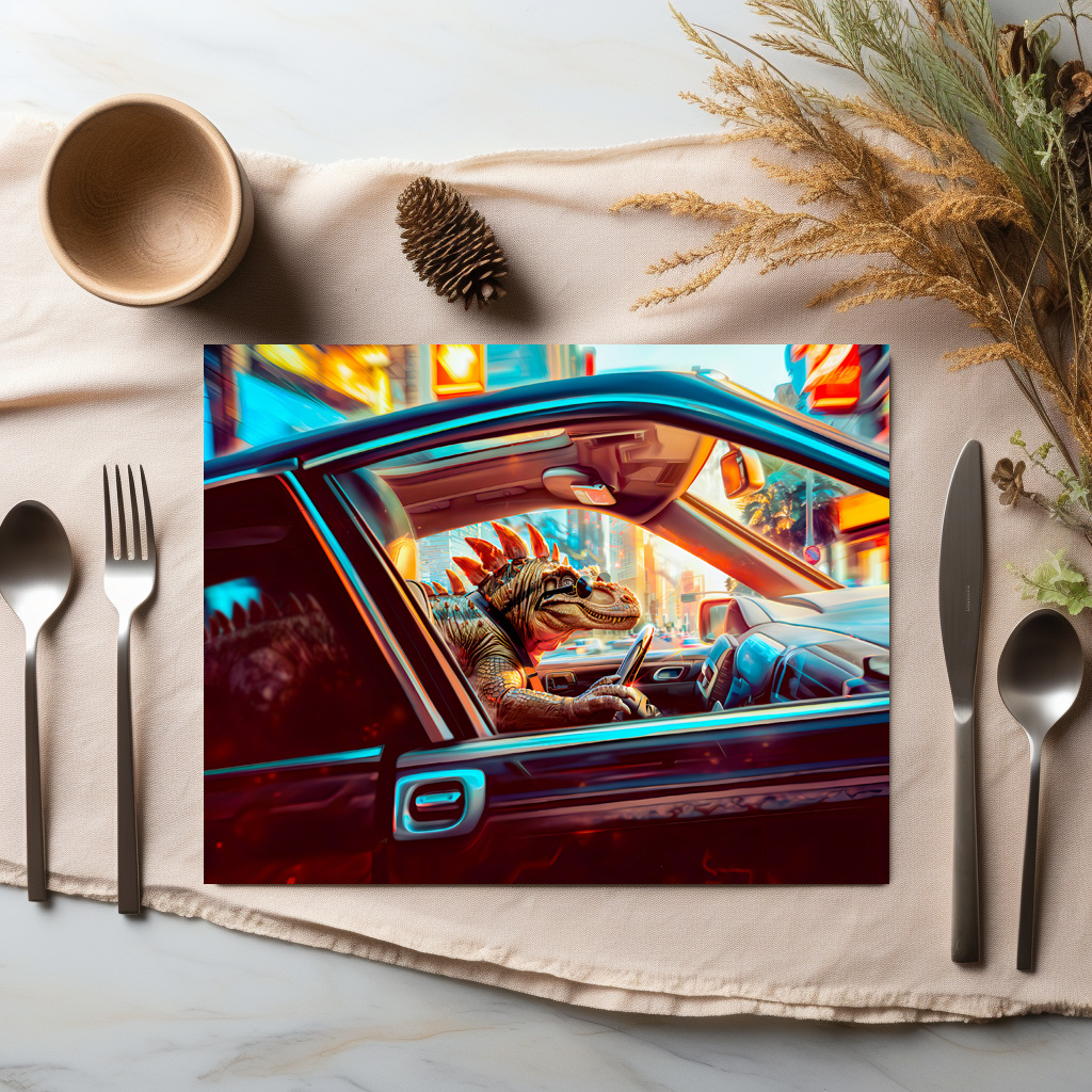 raxxa Premium-Tischset: Urban Dino Driving Through Neon City – Image 3