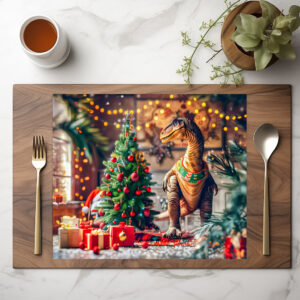 raxxa Premium-Tischset: T-Rex Celebrating Christmas by Tree