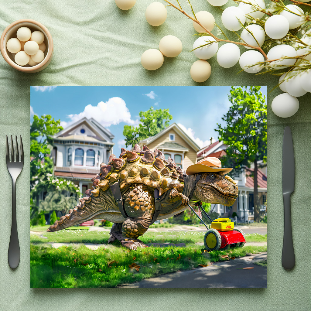 raxxa Premium-Tischset: Dinosaur Mowing Lawn in Suburbia