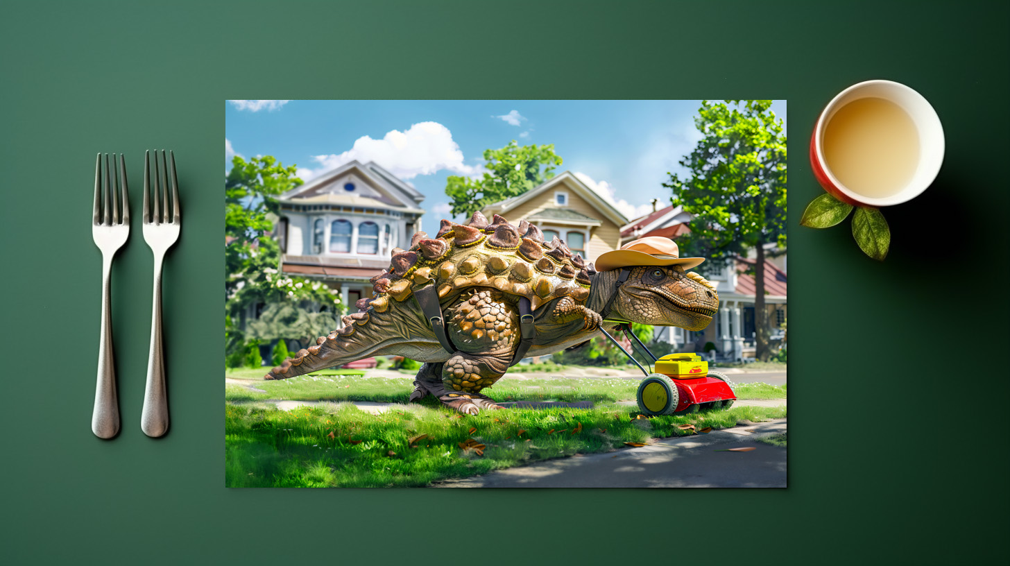 raxxa Premium-Tischset: Dinosaur Mowing Lawn in Suburbia - Imagen 3
