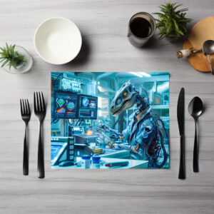 raxxa Premium-Tischset: Cyborg Dinosaur at a High-Tech Workstation