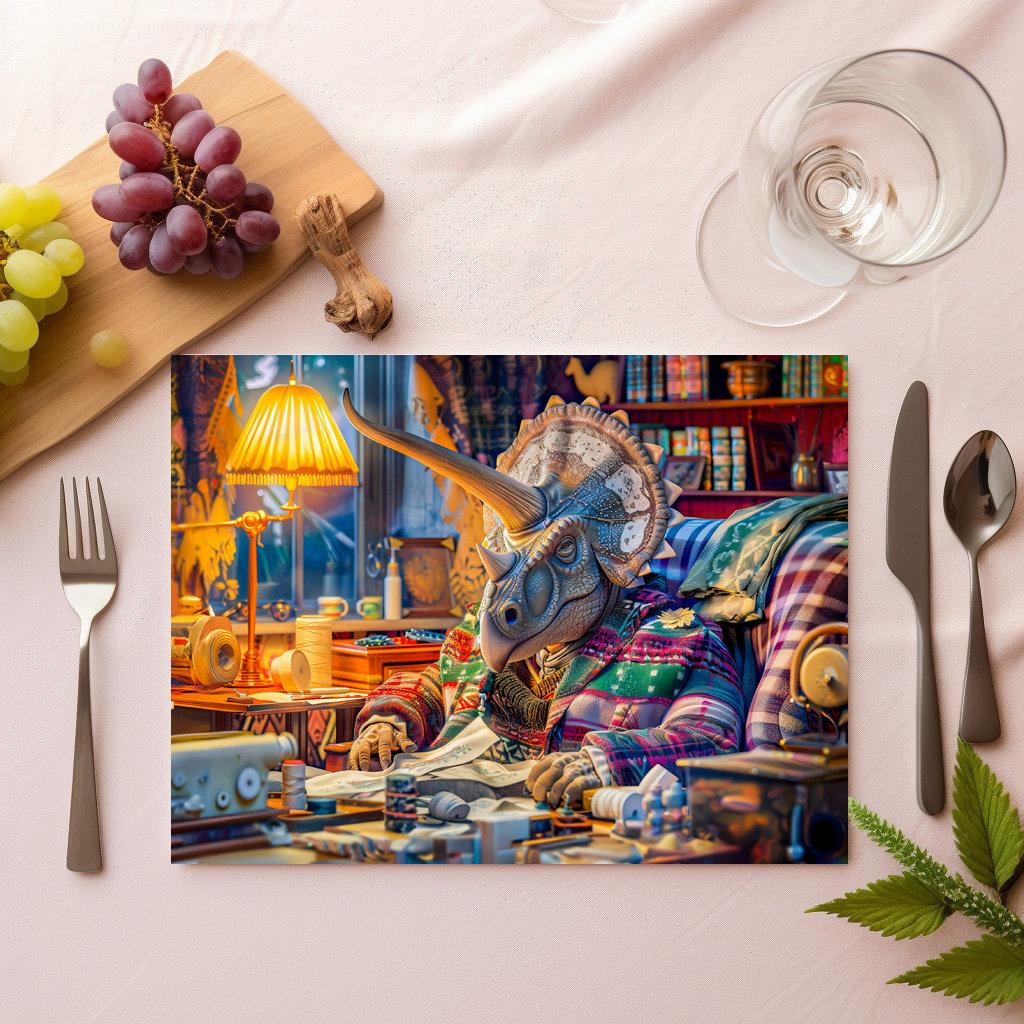 raxxa Premium-Tischset: Knitting Triceratops in a Cozy Armchair - immagine 2