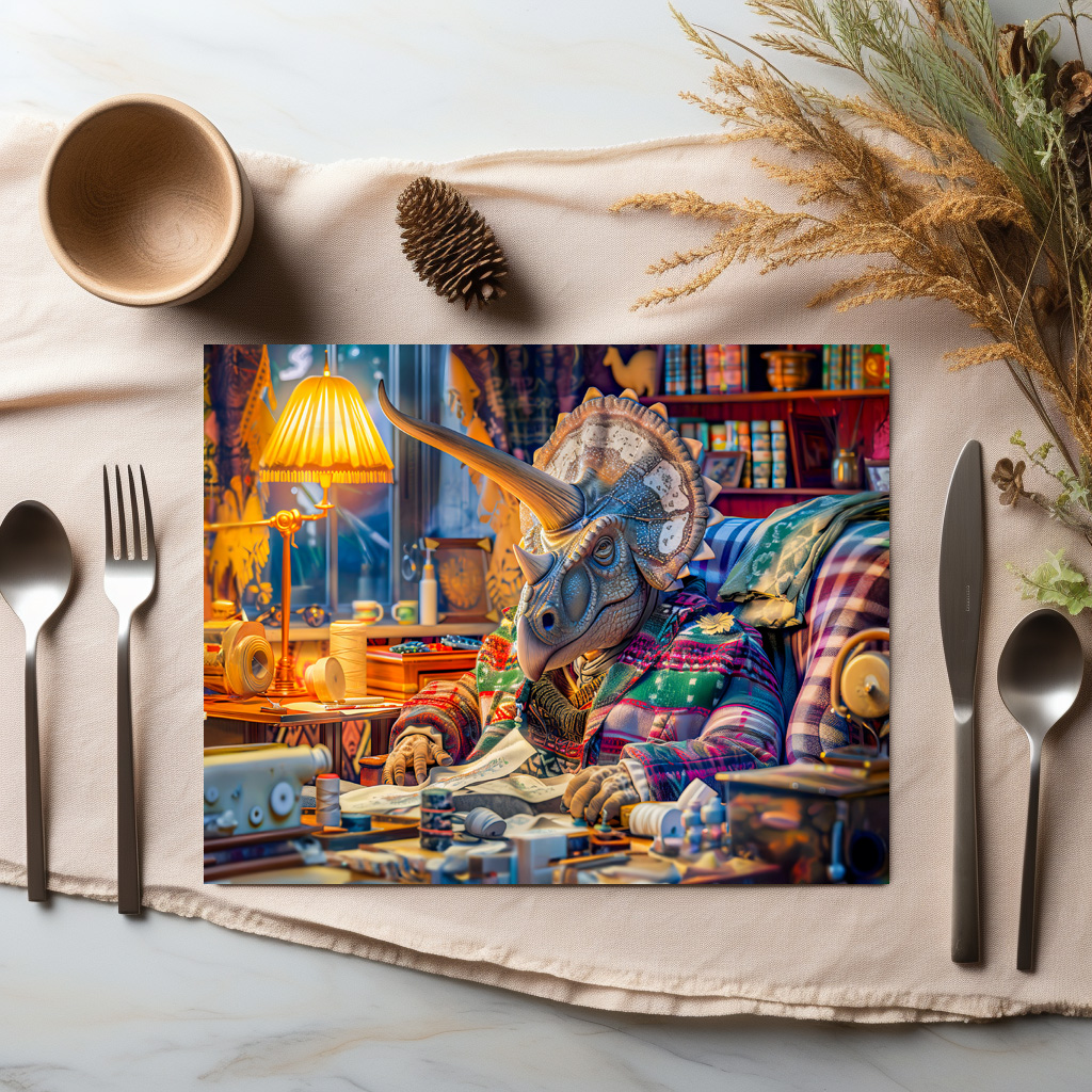 raxxa Premium-Tischset: Knitting Triceratops in a Cozy Armchair - immagine 3