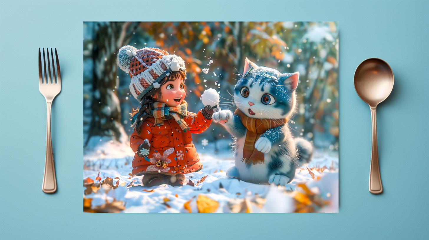 raxxa Premium-Tischset: First Snow Playtime with Fantasy Cat