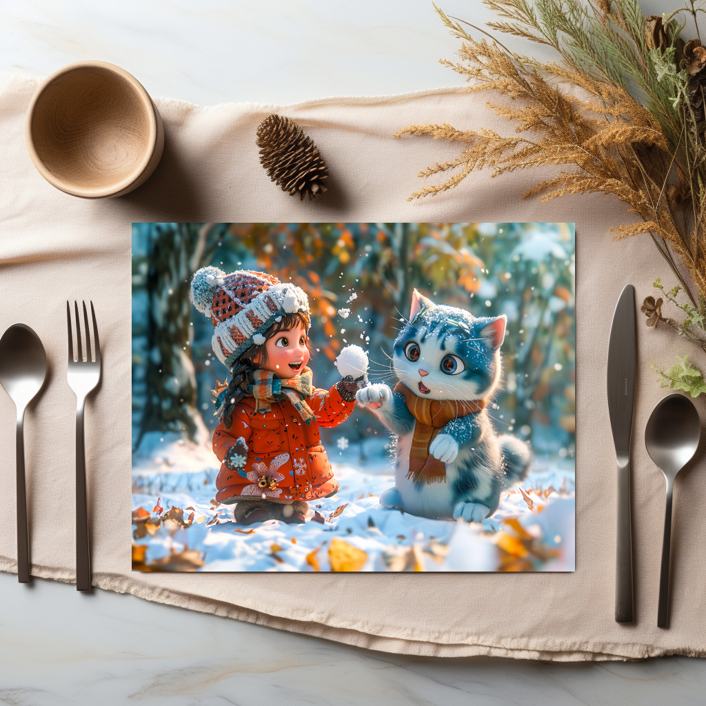 raxxa Premium-Tischset: First Snow Playtime with Fantasy Cat - immagine 2