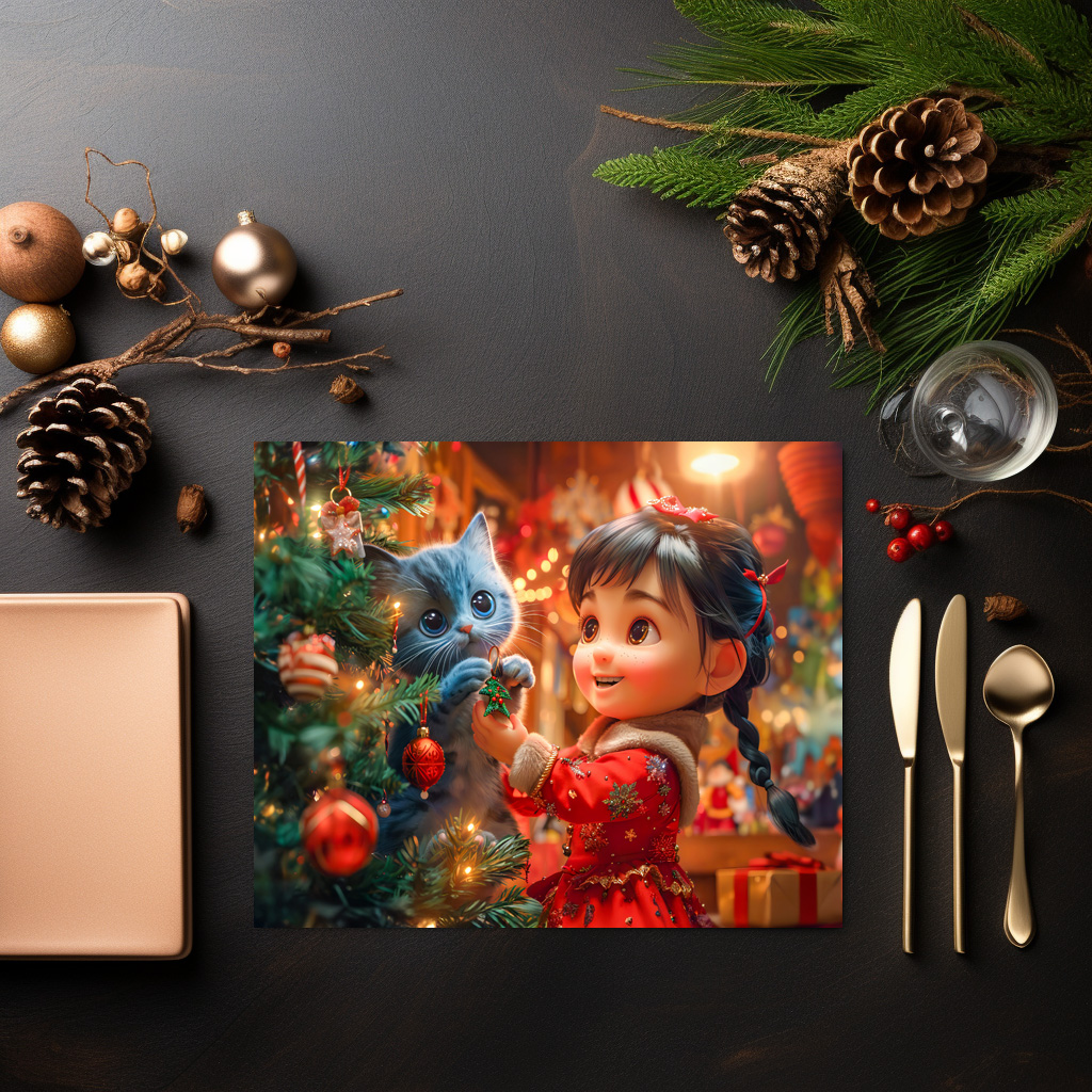 raxxa Premium-Tischset: Girl and Cat Decorate for Christmas – Image 3