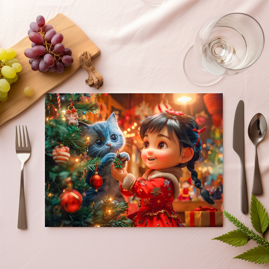 raxxa Premium-Tischset: Girl and Cat Decorate for Christmas