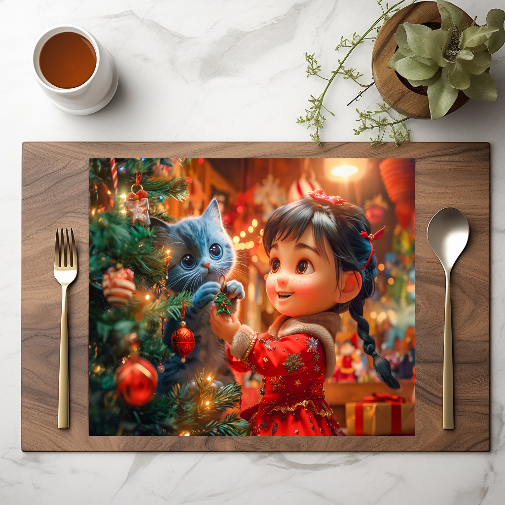 raxxa Premium-Tischset: Girl and Cat Decorate for Christmas – Image 2