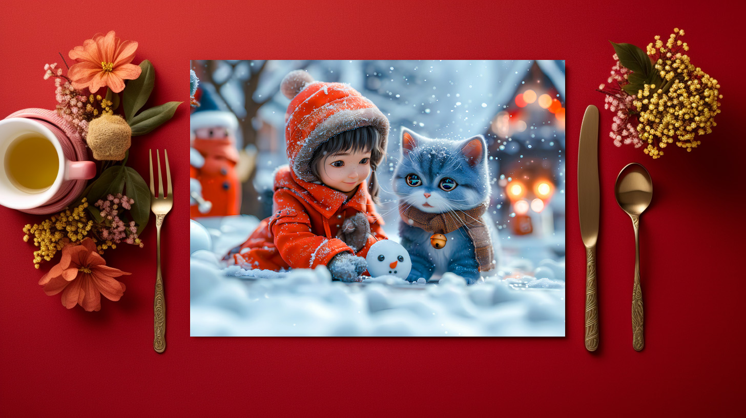 raxxa Premium-Tischset: Magical Winter Day with Girl and Cat