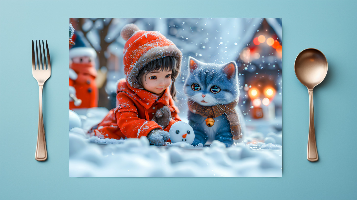 raxxa Premium-Tischset: Magical Winter Day with Girl and Cat – Image 2