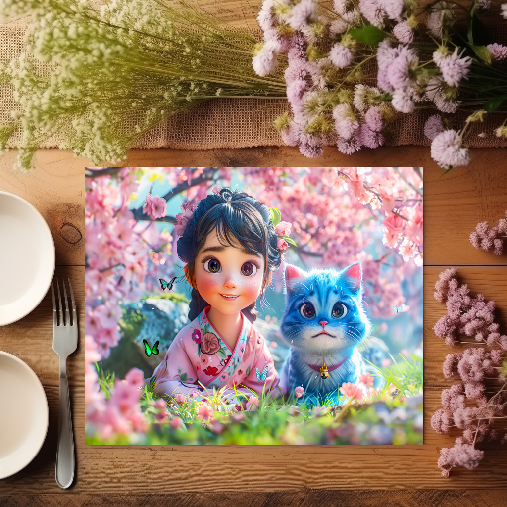 raxxa Premium-Tischset: Sakura Blossom Girl and Her Cat - Imagen 3