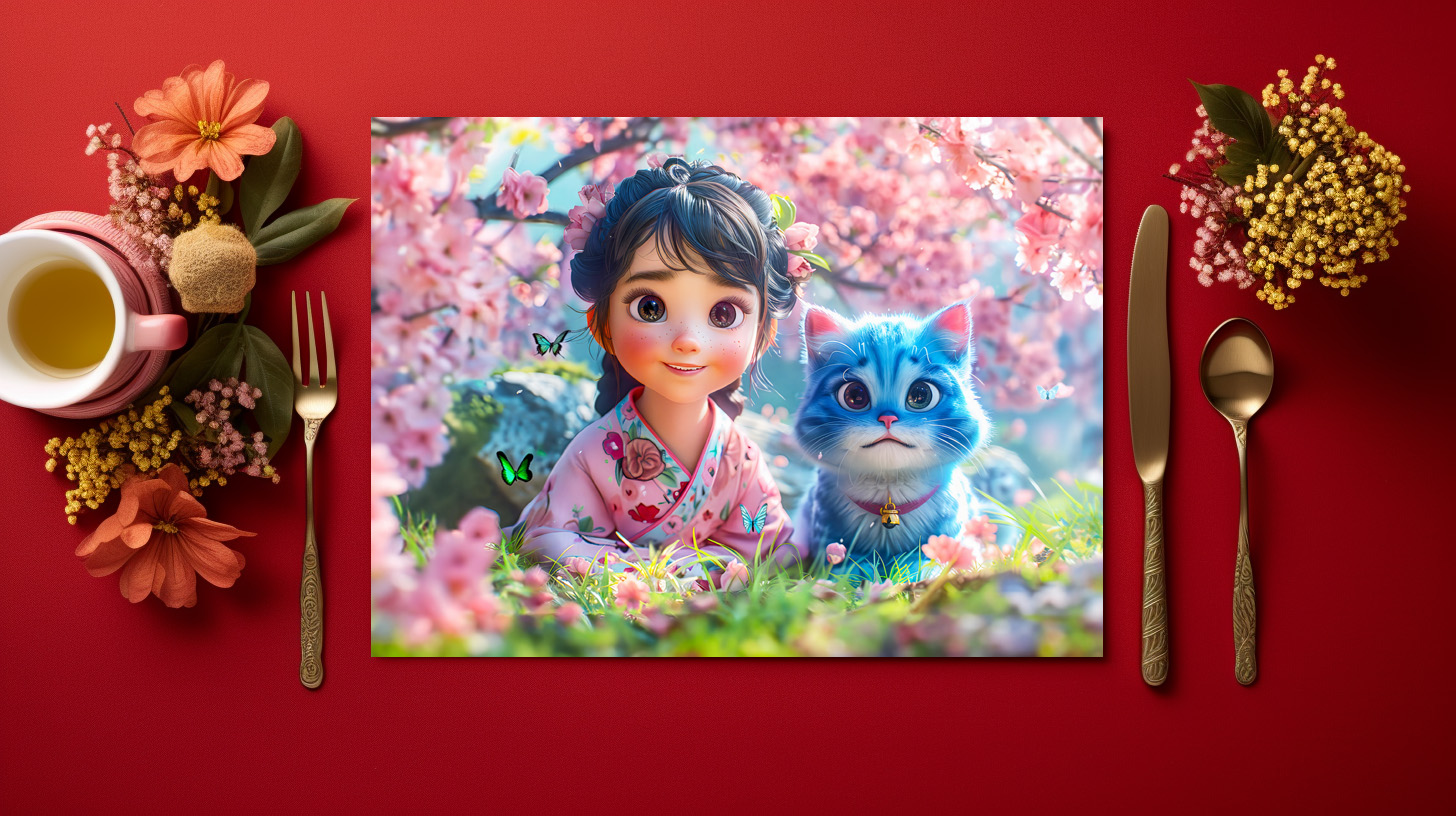raxxa Premium-Tischset: Sakura Blossom Girl and Her Cat - Imagen 2