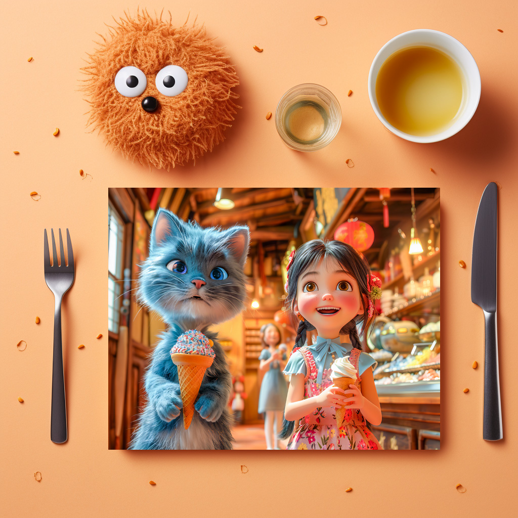 raxxa Premium-Tischset: Girl and Cat at Chinese Market