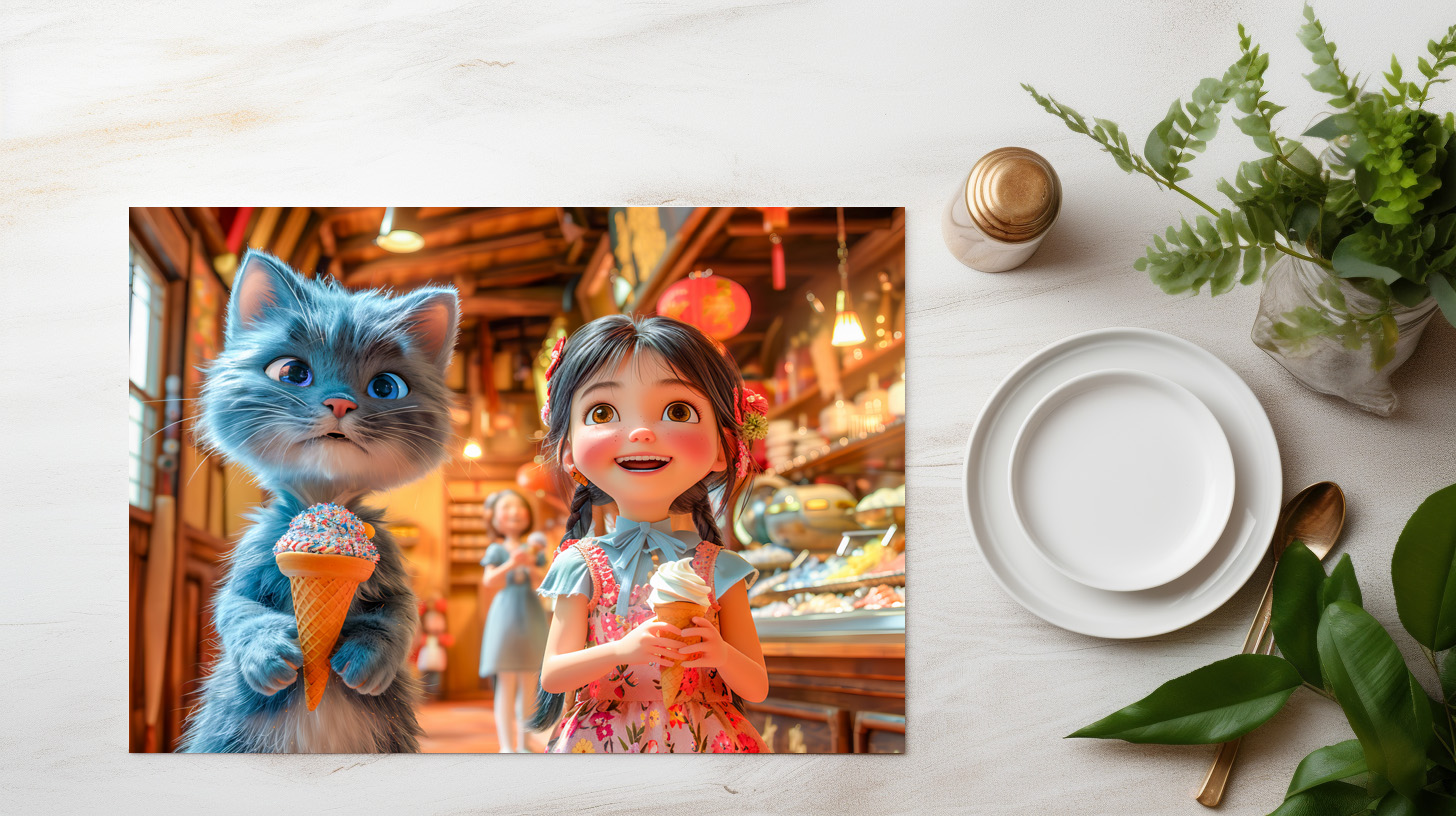 raxxa Premium-Tischset: Girl and Cat at Chinese Market – Image 3