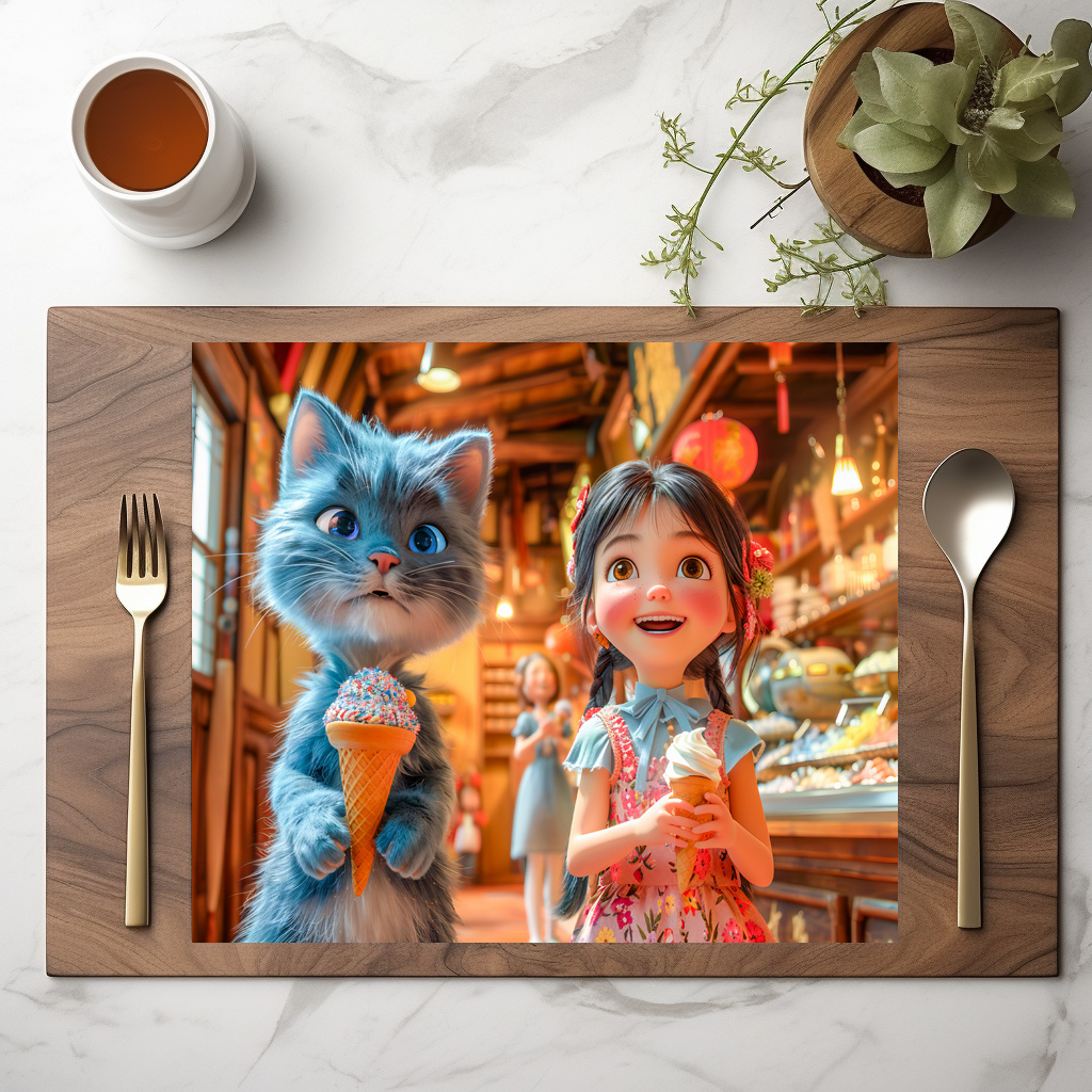 raxxa Premium-Tischset: Girl and Cat at Chinese Market – Image 2