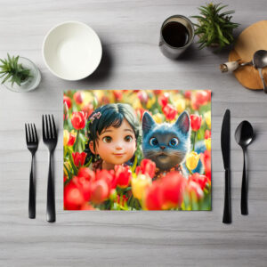 raxxa Premium-Tischset: Spring Fantasy Girl and Cat in Tulips