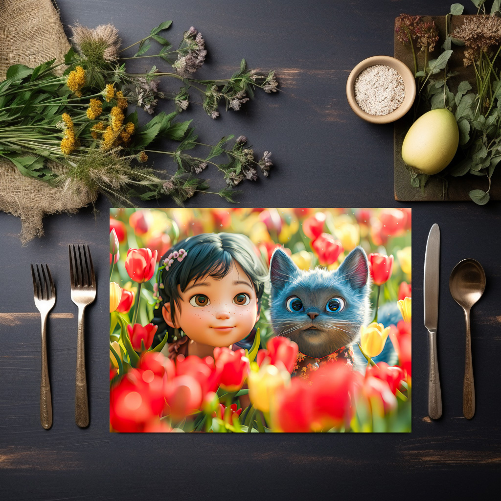 raxxa Premium-Tischset: Spring Fantasy Girl and Cat in Tulips – Bild 2