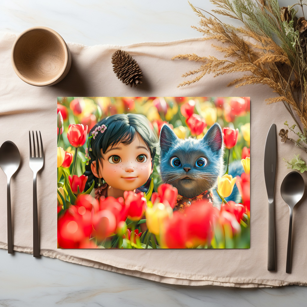 raxxa Premium-Tischset: Spring Fantasy Girl and Cat in Tulips – Bild 3