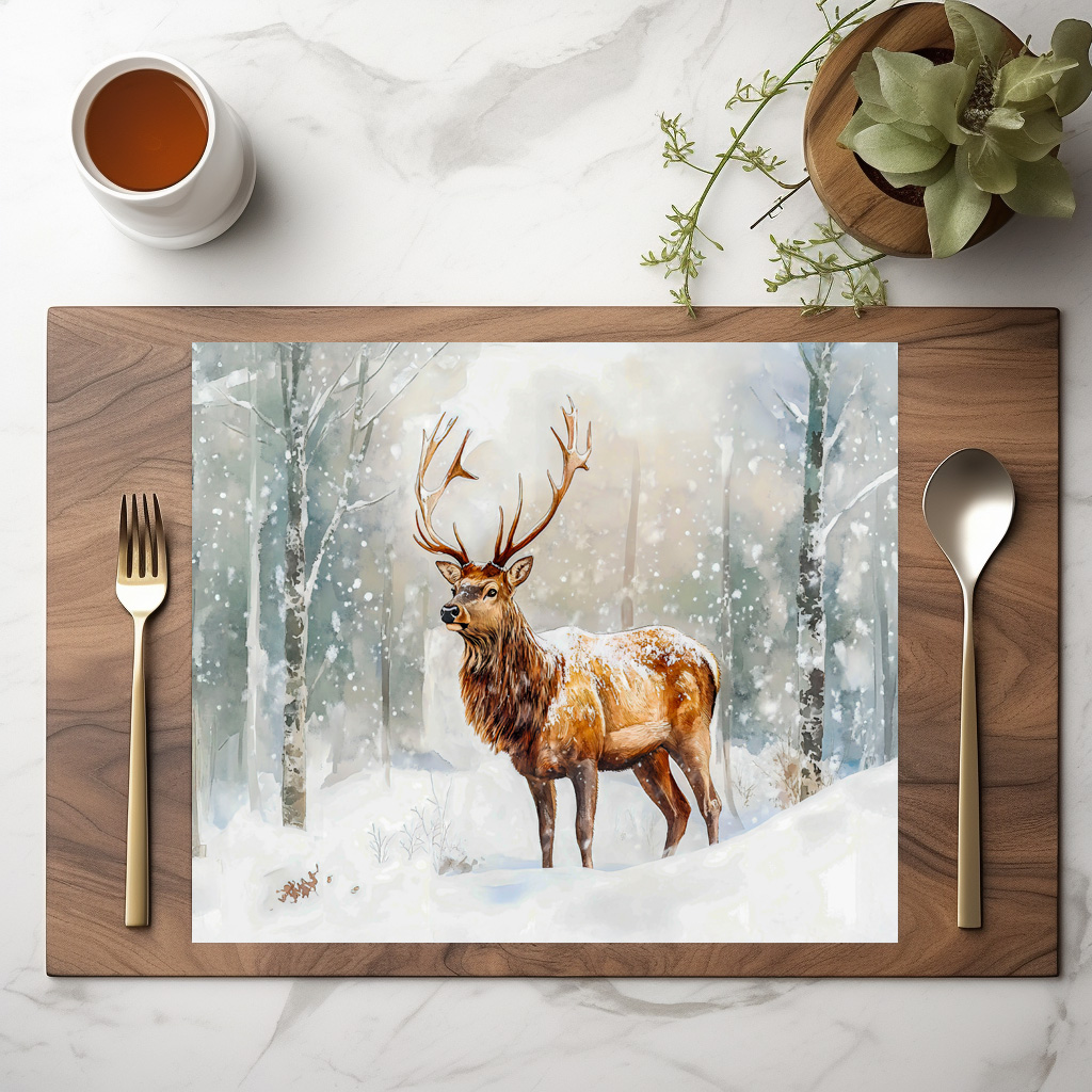 raxxa Premium-Tischset: Deer in winter forest with snow watercolor painting – Bild 2